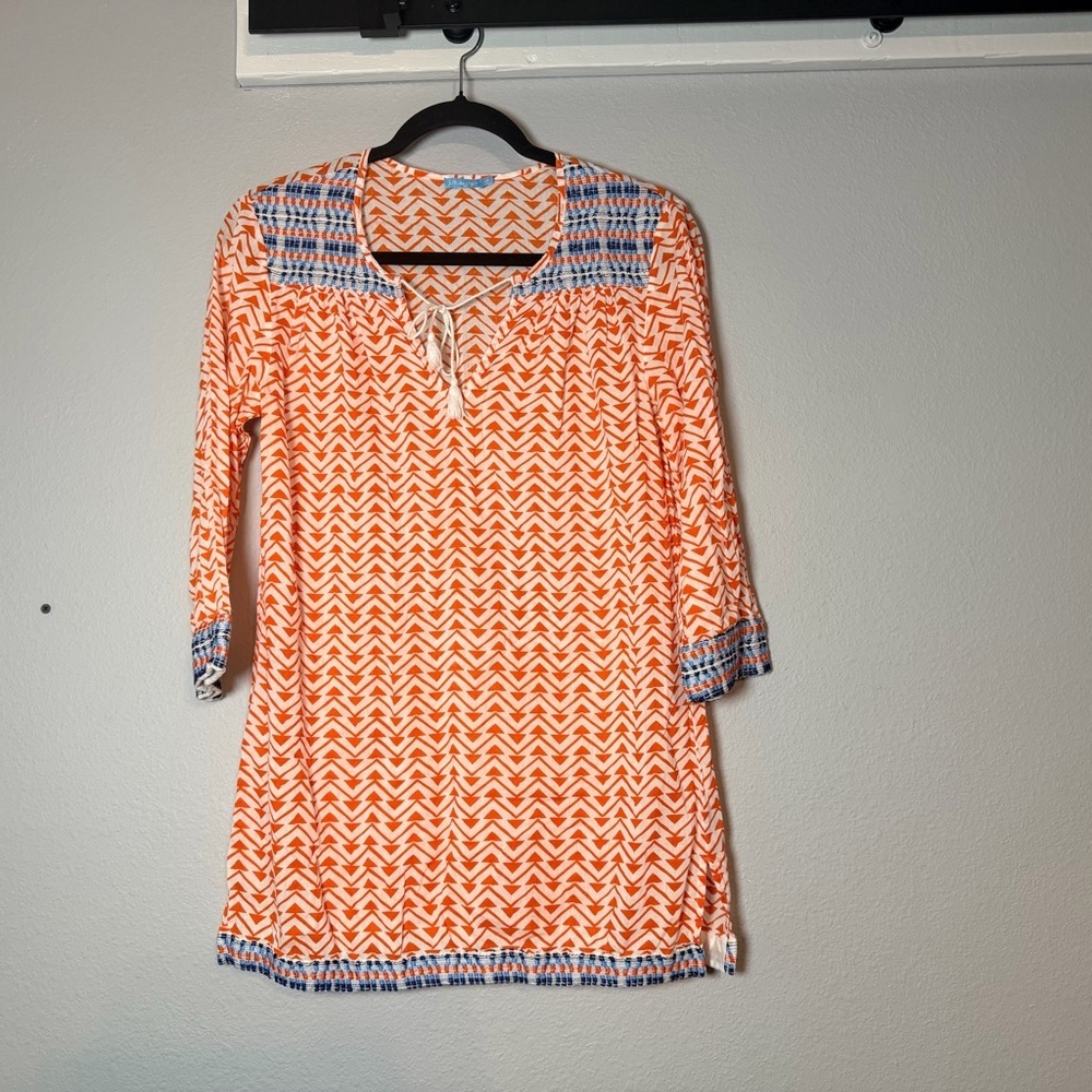 J. McLaughlin Aztec Print Tunic Top Size XS Orange Blue Embroidered Cotton